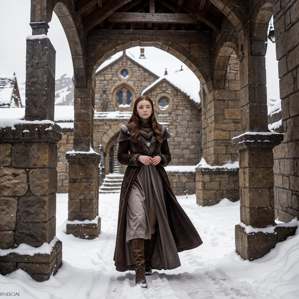 generated a full body of a 21 years old young white woman with dark brown hair, posing in the Castle of Winterfell from the TV show "Game of Thrones." The setting should include the distinctive architectural elements of Winterfell, such as its stone walls, ancient wooden doors, and snowy surroundings. The model should be wearing the Lady's suit that Sansa Stark wore during Season 7 of the show. This outfit includes a long, dark, elegant gown with intricate detailing and fur accents. The model's pose should be regal and confident, capturing the essence of a noble lady in the North