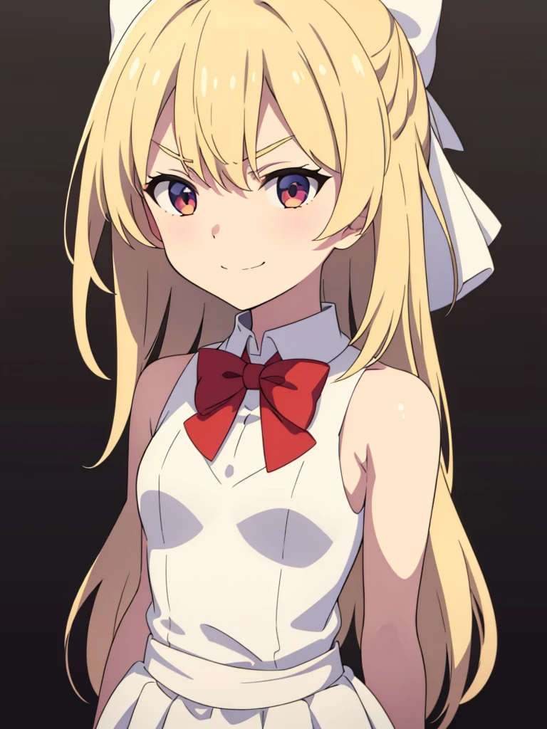 (1girl,),blonde hair,long hair,white dress, sleeveless, bow tie, bare shoulders,angry,smile,upper body,looking at view,extra arms,(simple background)