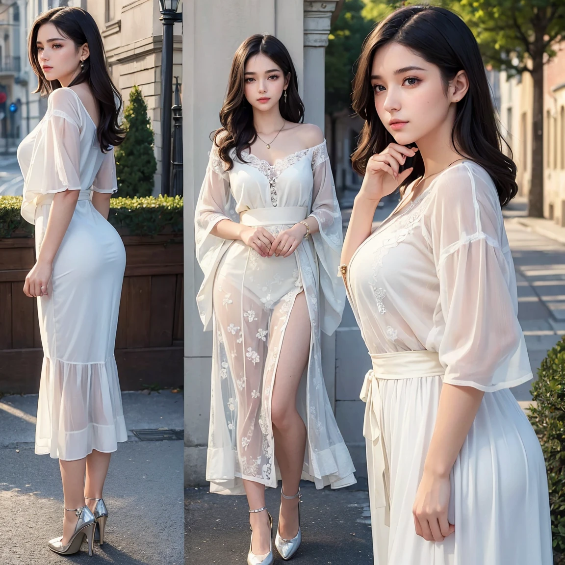 (masterpiece, best quality:1.5), ultra detailed, high resolution, 16k, the most beautiful face in the world, perfect face, delicate facial features, highly detailed beautiful face and eyes, shiny skin, highly detailed background, elaborately designed, fine cloth texture, perfect anatomy, BREAK, (gorgeous and stunning teenage girl in casual clothes:1.3), perfect make-up, deeply in love, full of elegance, (full body:1.5), seductive pose, summer, street, (three view drawing, front and back and side:1.3)