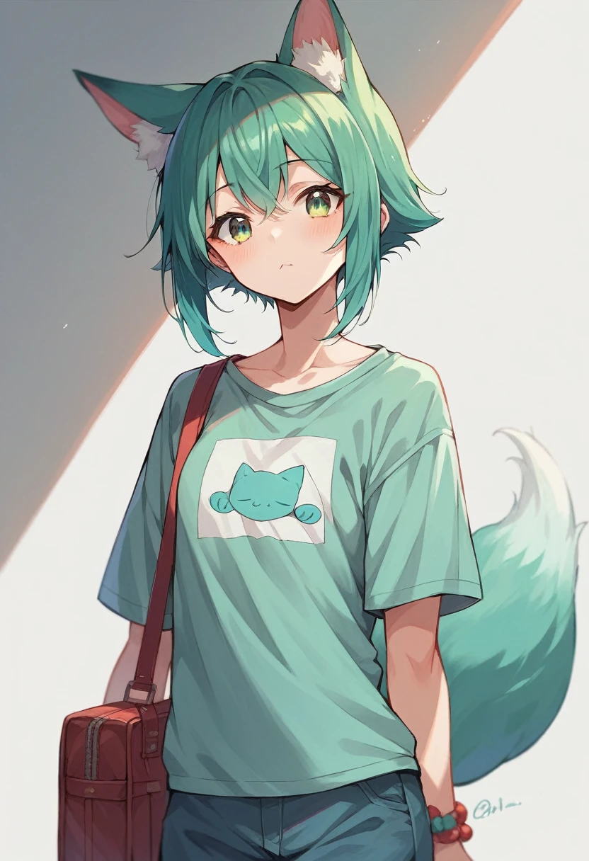a closeup of a cartoon character with fox ears, fox girl, mikudayo, anime moe art style, Cat Mimi, short hair, anime girl with teal hair