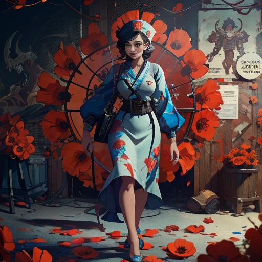 A stunning image of a horrifying faceless nurse, against a backdrop of wallpaper with large poppies. The nurse is limping, carrying a sign that reads 'HUG ME'. The style is moody, cinematic horror with a dynamic composition, grainy and noisy, reminiscent of concept art by Alberto Seveso, Cyril Rolando, and Dan Mumford. The artwork is meaningful, detailed, created with the look of digital illustration, Unreal Engine 5, in a 32k maximalist, hyper-detailed fantasy art style, with 3D digital art elements, sharp focus, and the quality of a masterpiece in dreamcore.
