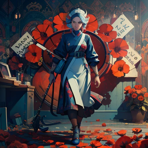 A stunning image of a horrifying faceless nurse, against a backdrop of wallpaper with large poppies. The nurse is limping, carrying a sign that reads 'HUG ME'. The style is moody, cinematic horror with a dynamic composition, grainy and noisy, reminiscent of concept art by Alberto Seveso, Cyril Rolando, and Dan Mumford. The artwork is meaningful, detailed, created with the look of digital illustration, Unreal Engine 5, in a 32k maximalist, hyper-detailed fantasy art style, with 3D digital art elements, sharp focus, and the quality of a masterpiece in dreamcore.