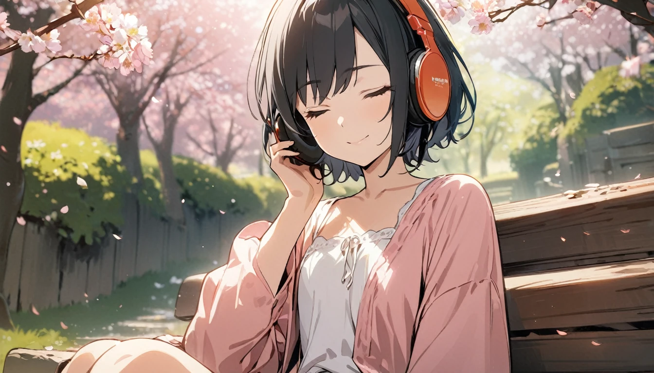 1girl, solo, gentle smile on her face flat chest, short hair, black hair, upper body, ((masterpiece, illustration, best quality)) ((best quality)), ((masterpiece)), (detailed), perfect face, sitting under the cherry blossom tree, listening to music, One woman, wearing headphones, eyes closed, wearing a white and pink dress