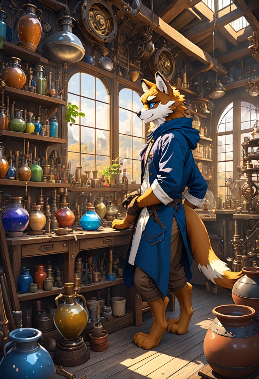 cover page, highres, top quality, best quality, paid reward available, unparalleled masterpiece, perfect artwork, absurdres, High-quality illustrations, super high resolution, detailed background, perfect anatomy(1boy, solo, kemono, furry anthro, alchemist, Experimenting)many pottery, in room with many windows, in cluttered lab, in steampunk laboratory, fantasy alchemist laboratory, weapon shop interior, cinematic lighting,
