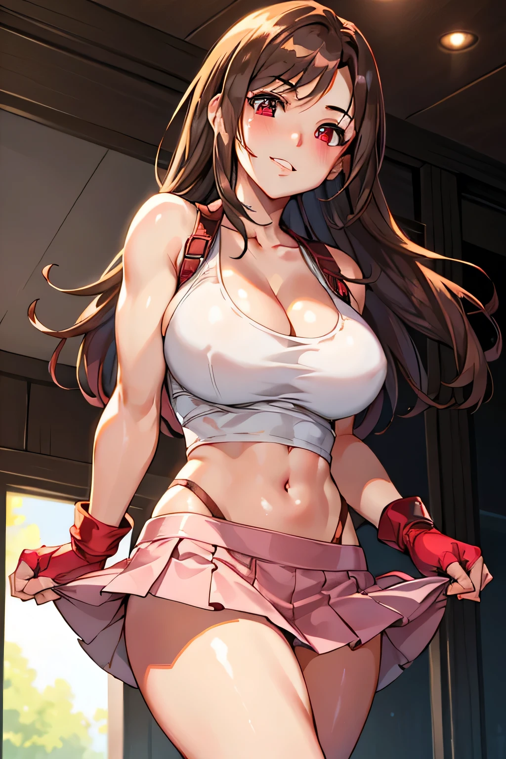 SMILE, blush, neckline, below from below, stepping on the screen ,Brown hair, Red eyes, Red Fingerless Gloves, White tank top, bright aura, natural light, Masterpiece, Tifa Lockhart, shiny skin, juicy lips , With pink skirt, raised skirt, shy