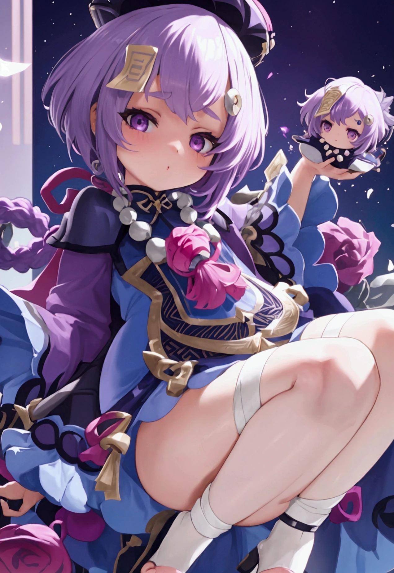 purple hair, rose eyes, short hair, naked, white background, smoll stature, chibi, flat cheast, flat tits