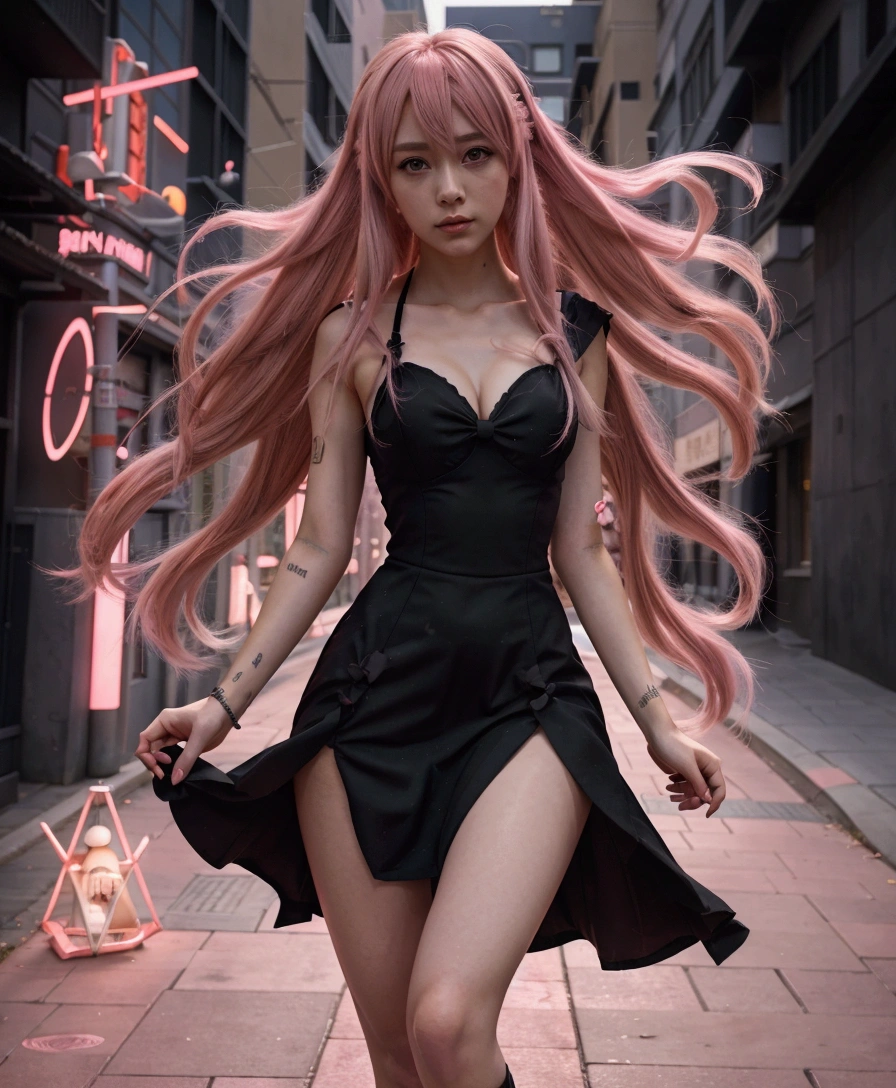 anime girl with pink hair walking in a city street, human anime girl, anime girl, anime styled digital art, stylized urban fantasy artwork, mirai nikki, inspired by Jin Homura, anime girl wearing a black dress, epic anime style, in style of artgerm, advanced digital anime art ”, anime style artwork, anime style 4 k, anime in fantasy style