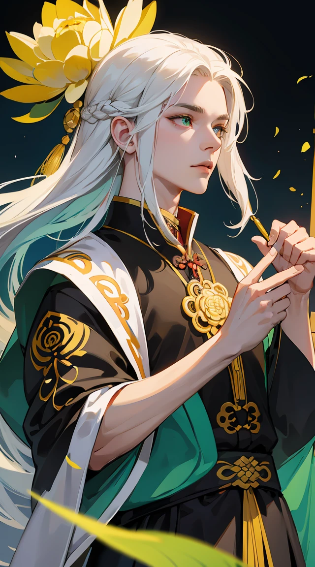 best qualityer,ultra detali,realisitic:1.37),LONG white hair, vibrant green eyes,tall and strong chinese man, moderno, black and gold traditional chinese clothing , milky and smooth skin, with a dagger in his hand, lotus flower particles,d&charachter,sharp focus,Physically based rendering,proffesional,bright coloured,bokeh,portraite, anatomically perfect hands, pleasant and beautiful face, fierce gaze