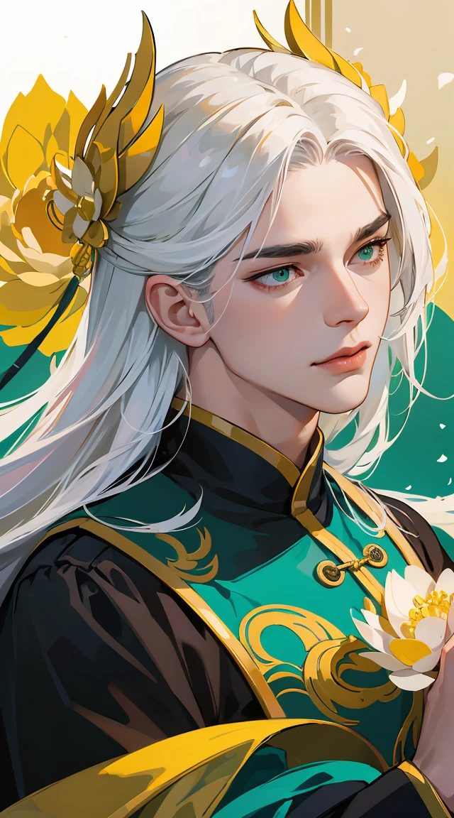best qualityer,ultra detali,realisitic:1.37),LONG white hair, vibrant green eyes,tall and strong chinese man, moderno, black and gold traditional chinese clothing , milky and smooth skin, with a dagger in his hand, lotus flower particles,d&charachter,sharp focus,Physically based rendering,proffesional,bright coloured,bokeh,portraite, anatomically perfect hands, pleasant and beautiful face, fierce gaze