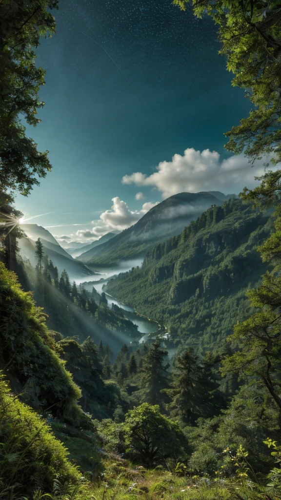 Masterpiece, best quality, 8K, high res, ultra-detailed, amongst lush greenery, no humans, beautiful view, ultra-detailed, fine detailed, highly detailed, intricate, highly detailed, ultra-detailed, scenery, no humans, misty atmosphere, solitary, intricate details, delicate features, verdant trees, soft moss, deep forest, intricate leaves and vines, wisps of light, verdant green, sharp focus