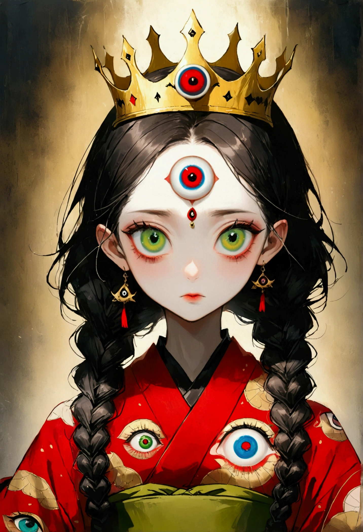 Art Illustration，Dark Style，(((1Princess wearing a golden crown-eyeball decoration，Double braid，独奏，third eye on the forehead，big eyes))),(((Gorgeous Japanese red kimono：1.6，Eye Diagram，Dark Pattern))).(((Thin waist，Greenbelt：1.37)))whole body