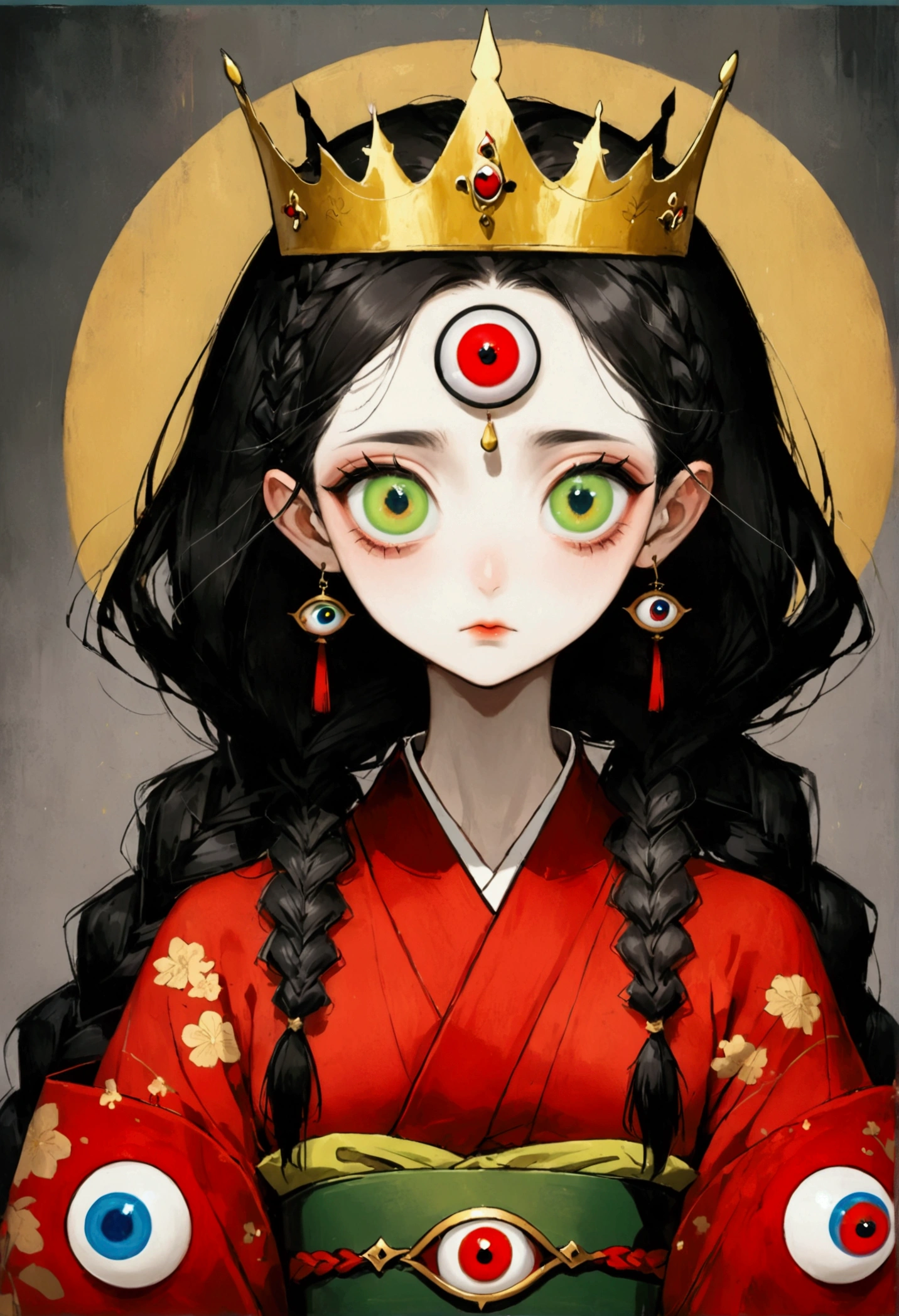 Art Illustration，Dark Style，(((1Princess wearing a golden crown-eyeball decoration，Double braid，独奏，third eye on the forehead，big eyes))),(((Gorgeous Japanese red kimono：1.6，Eye Diagram，Dark Pattern))).(((Thin waist，Greenbelt：1.37)))whole body
