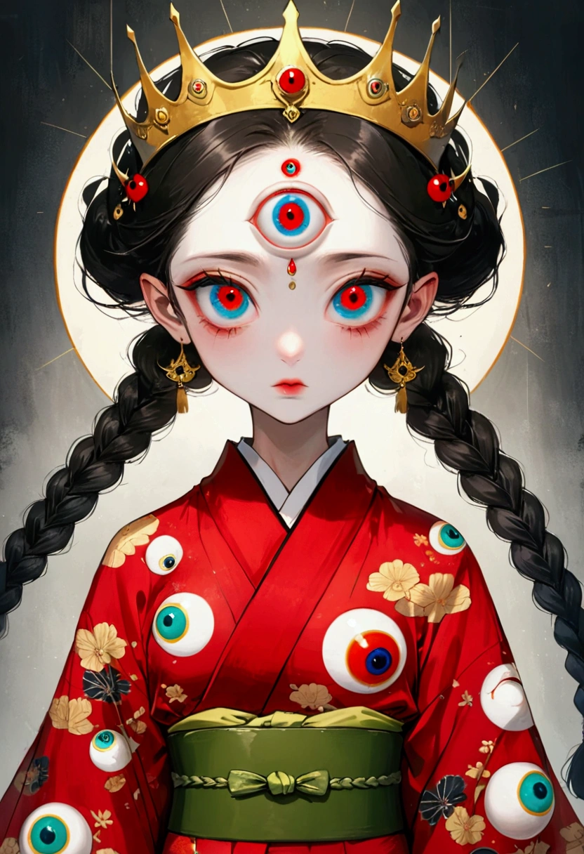 Art Illustration，Dark Style，(((1Princess wearing a golden crown-eyeball decoration，Double braid，独奏，third eye on the forehead，big eyes))),(((Gorgeous Japanese red kimono：1.6，Eye Diagram，Dark Pattern))).(((Thin waist，Greenbelt：1.37)))whole body