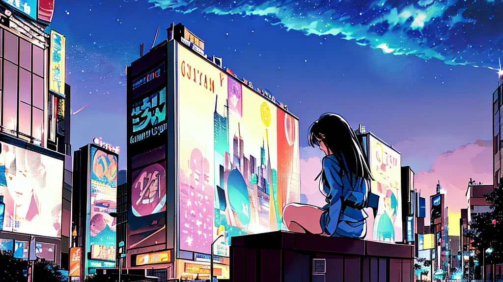 octans, sky, star (sky), scenery, starry sky, night, 1girl, night sky, 独奏, outdoors, building, cloud, sitting, tree, long hair, city, silhouette, cityscape,City from a distance, tokyo, city billboard, the sky,20 year old sexy girl　profile　From the roof of the building　Many buildings
