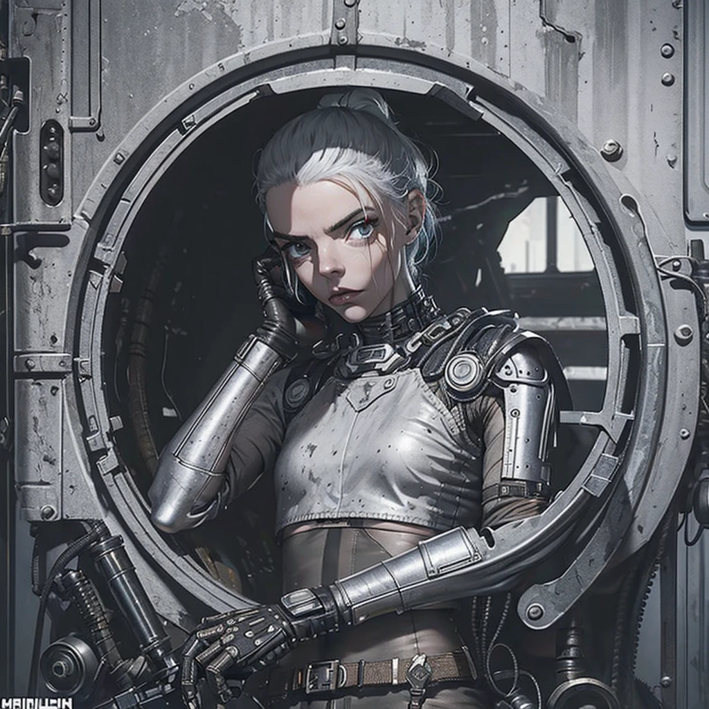 (((mulher))), (((melhor qualidade))), (((obra prima))), (((adulto))), A highly detailed and realistic skull girl,( Anya. Taylor Joy) cyberpunk character, mad max furiosa, one hand robot, cyborg arm, orange hair, dramatic metal heavy rock theme, best quality, 8k, hyperrealistic, photorealistic, extreme detailed painting, studio lighting, vivid colors, dark moody atmosphere, cinematic, dramatic pose, intricate mechanical details, glowing energy effects, intense gritty textures, seamless integration of organic and inorganic elements. Wearing the used clothes of a wastelander. Background: An apocalyptic wasteland. Dusty and depressing.