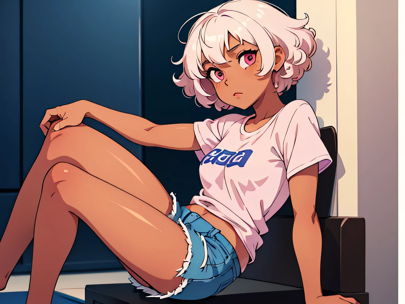 1 girl, tan skin, brown skin, pink eyes, white hair, curly hair, short hair, dark blue shirt, dark blue shorts