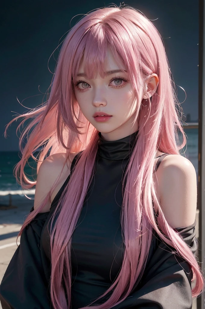 20-year-old woman, Dark Theme, Calm tone, Calm colors, High Contrast, (Natural skin texture, Hyperrealism, Soft Light, sharp)Pink Hair, Ahoge, Shiny Hair, Medium Hair, Shiny Hair, Hair blowing in the wind, Bob Hair, Deco bangs, Pink eyes, Headphone shortcut,