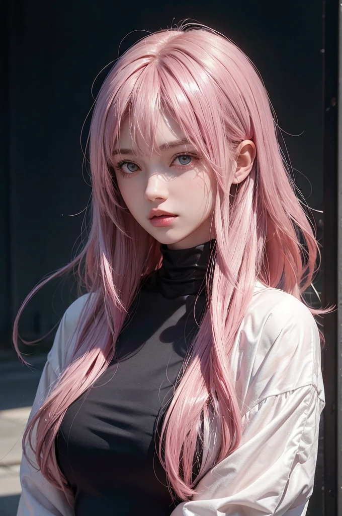 20-year-old woman, Dark Theme, Calm tone, Calm colors, High Contrast, (Natural skin texture, Hyperrealism, Soft Light, sharp)Pink Hair, Ahoge, Shiny Hair, Medium Hair, Shiny Hair, Hair blowing in the wind, Bob Hair, Deco bangs, Pink eyes, Headphone shortcut, 