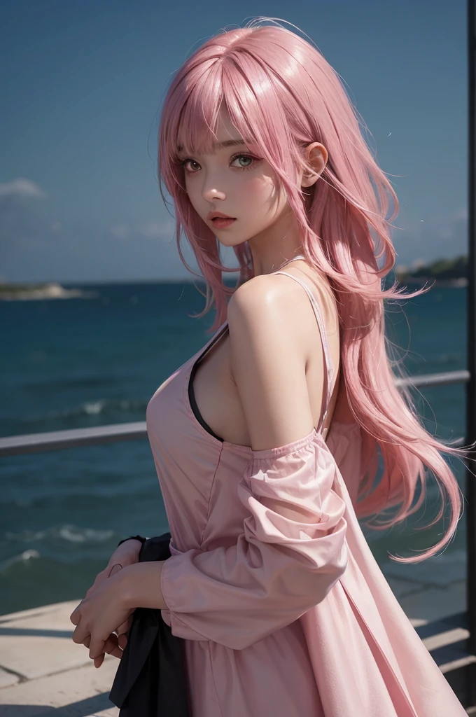 20-year-old woman, Dark Theme, Calm tone, Calm colors, High Contrast, (Natural skin texture, Hyperrealism, Soft Light, sharp)Pink Hair, Ahoge, Shiny Hair, Medium Hair, Shiny Hair, Hair blowing in the wind, Bob Hair, Deco bangs, Pink eyes, Headphone shortcut, 