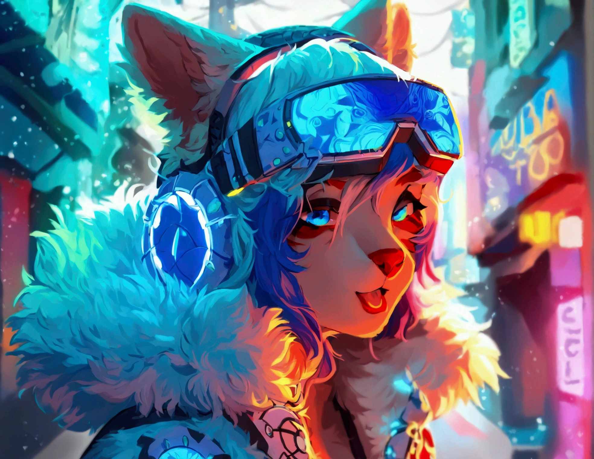 top quality, best quality, by dabaicai, High-quality illustrations, masterpiece)(kemono, furry anthro), round, female, arctic protogen, blue visor, slim body, fur, fluffy, big breasts, wide hips, fluffy tail, bikini, massive, sexy, perfect, big breast, nipple show, punk hair, visor, blue visor, blue leds