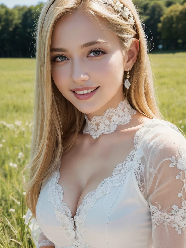 1Women, unique faces, (beautiful women, blonde hair), (smile:1.2), (beautiful lace costumes), (Best Quality:1.4), Realistic, extremely detailed CG unified 8k wallpaper, highly detailed, High-definition raw color photos, professional photography, Realistic portrait, Close up portrait of Women, Outdoors, Beautiful scenery, grassland, nature, vastness, elegance, Beautiful detailed, upper body photos, (Fine face:1.2),