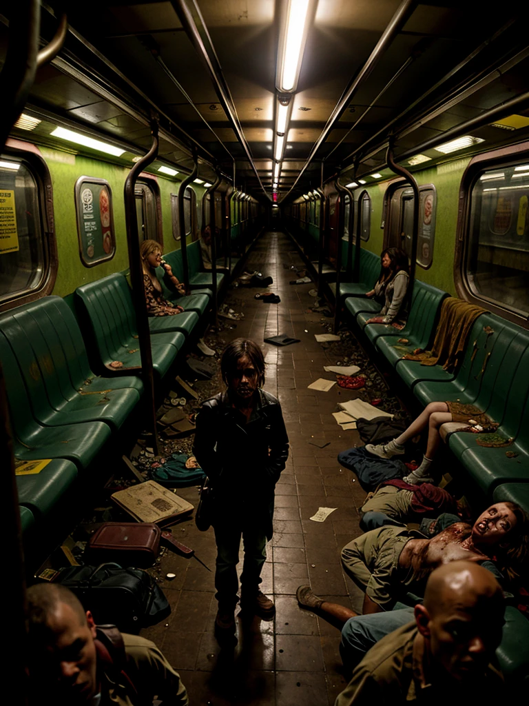 Abandoned subway infested with zombies, dark photo, dark lighting, gloomy atmosphere