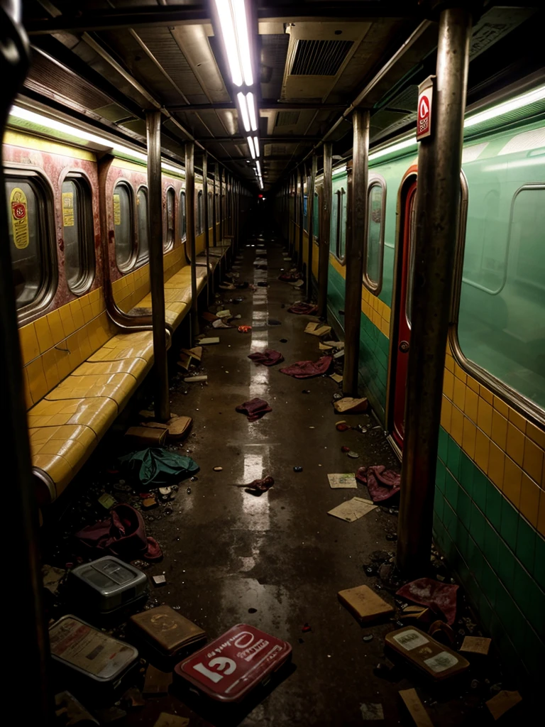 Abandoned subway infested with zombies, dark photo, dark lighting, gloomy atmosphere