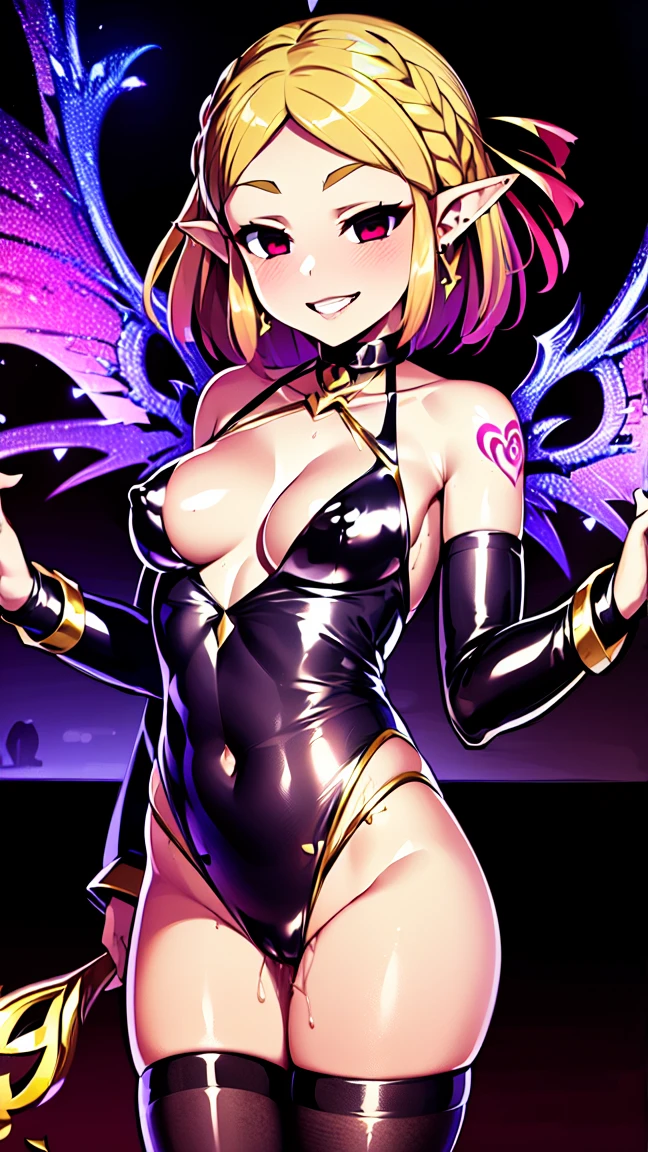 (perfect composition),(zelda totk reimagined as a corrupted dark queen by ganon )+++, sfw++,masterpiece, best quality, high quality, illustration, film grain,(perfect female )++, beautiful detailed eyes, (symbol of evil:1.2),milf zelda, lascivious woman, (evil smile:1.1), (villain, dark heroine:1.2), (perfect female proportions:1.1), (seductive eyes:1.2), eyeliner, mascara, sexy makeup, (seductive smile:1.2), (mature woman:1.4),masterpiece, best quality, high quality, illustration, film grain, 1girl, (glowing evil red eyes), evil grin, crazy eyes, (high resolution, masterpiece, ultra best quality, insanely amazing hyper fine extremely detailed, official:1.4) dark heroine anime girl with short hair in a dark and evil place, extremely detailed artgerm, (official:1.4), dynamic composition, (solo girl:1.4), {sfw}, masterpiece, ultra-detailed, iconic attack, dominatrix, spiked collar, dark kingdom, bad end, 1girl, solo female, solo focus, mature female, standing, full body, looking at viewer, dark zelda totk, dark queen, evil, corruption, contrapposto, mind break, blond hair, (short hair:1,5), evil smile, lips, eyelashes, evil grin, dark aura, thigh_clothes, ,alternate costume, bdsm, (intricate details:1.12), (intricate details, hyperdetailed:1.15), hdr, dungeon, (at night:1.2), fireplace, warm light, dramatic light, cinematic,creepy dungeon, dark aesthetic, goth aesthetic, creepy, ominous background, dark atmosphere, death atmosphere, green and red atmosphere, evil dungeon background, gothique, faint darkness, ((red glow crotch tattoo)),