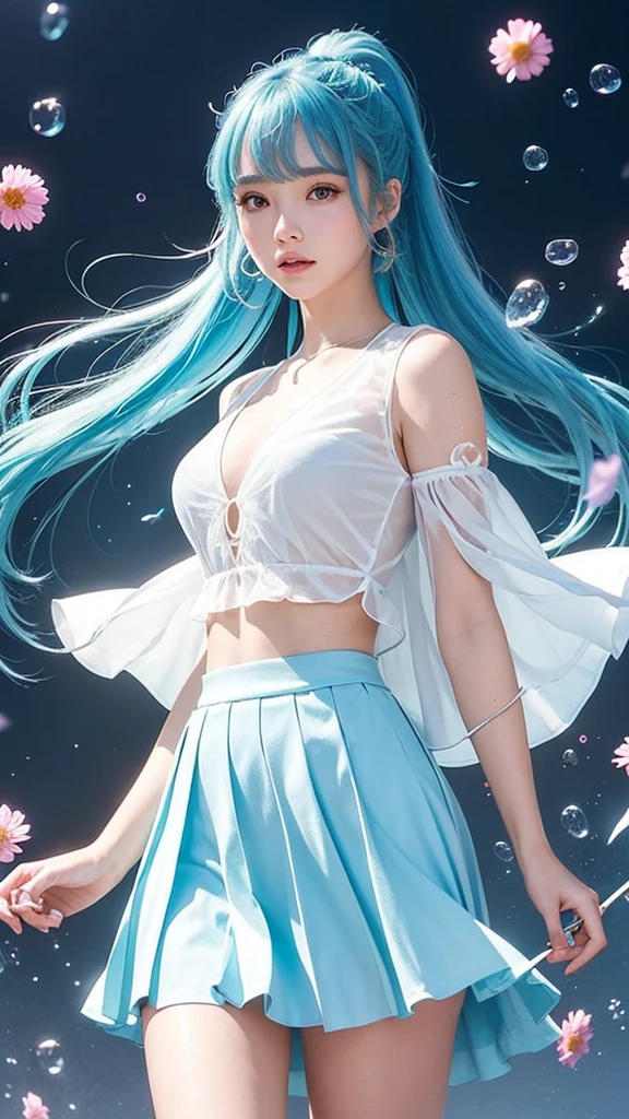 (masterpiece), (Highest quality), (Super detailed),(Dish-shaped hair),(figure), (One girl), (Fashionable clothes), Are standing, Fashion Model, View your viewers, (interview), (Simple Background), Beautiful and delicate eyes, delicate beauty, floating, (High saturation), (Colorful Splash), Colorful bubbles, (Shine), Focus on the face, ponytail, Ayaka Kamisato, Light blue hair, bangs, Hair Circle, floating flowers, Flowing Hair, (Shiny), Best lighting, Best Shadow, whole body, Overlooking