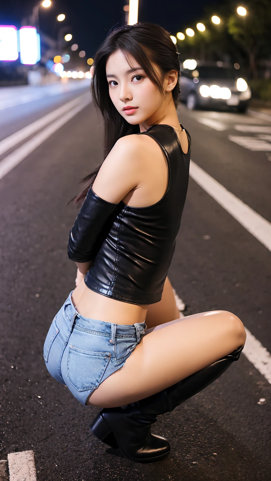 Roadside、Leather shorts、Short length G-jean、ponytail、Ultra HD、Realistic photos、Japanese beauty、8 heads、Toned body、Knee-high boots、Night、Beautiful ass、Squat、Astride a motorcycle