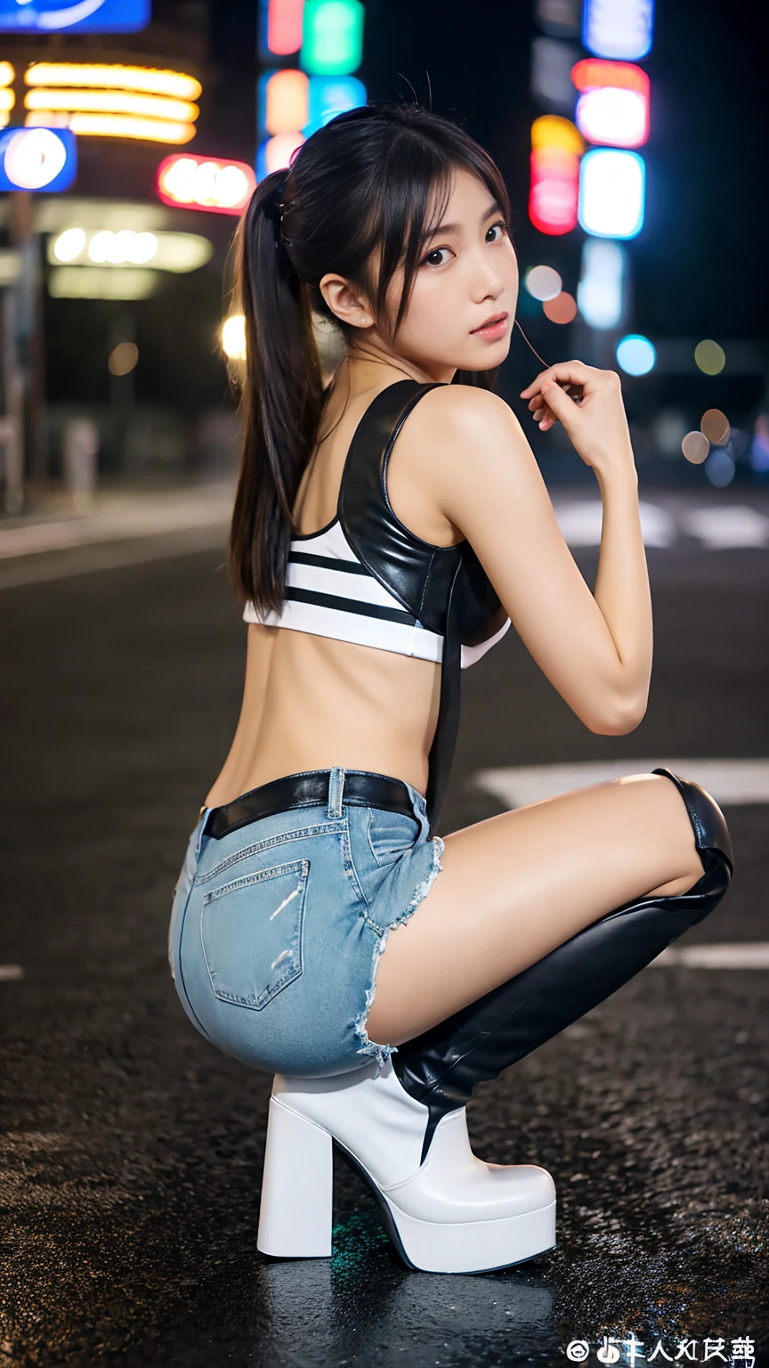 Roadside、Leather shorts、Short length G-jean、ponytail、Ultra HD、Realistic photos、Japanese beauty、8 heads、Toned body、Knee-high boots、Night、Beautiful ass、Squat、Astride a motorcycle