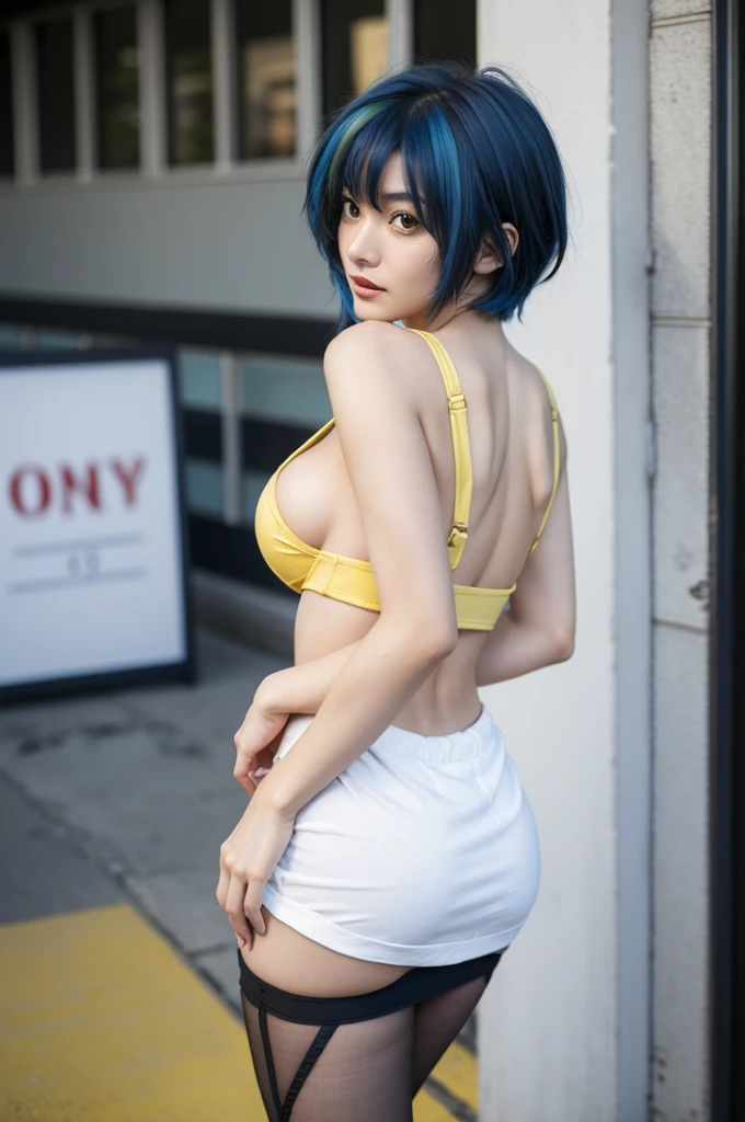 xenovia quarta, playboy playmate, very_extremely_large_breasts, yellow eyes, blue hair, short hair, between buttocks, street, short shirt with cleavage and short skirt