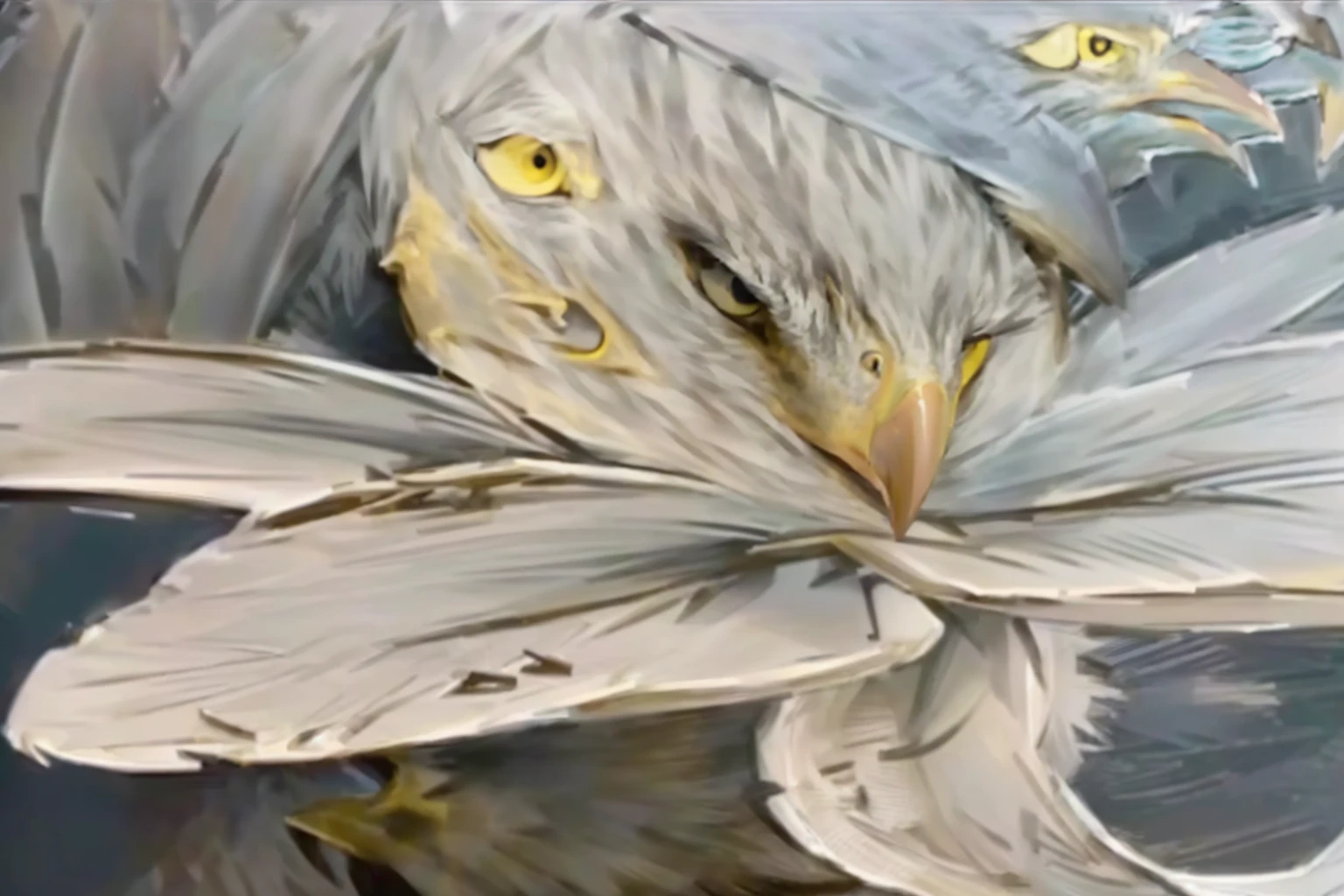 a close-up of a bald eagle with yellow eyes on a black background, intimidating look, annoyed look, annoyed looking, visibly angry, carrancuda, eagle head, intense stare, aggressive look, A rage, looking angry, angry eyes, intimidating look, annoyed looking at camera, with eagle's beak, head of an eagle, intimidating expression