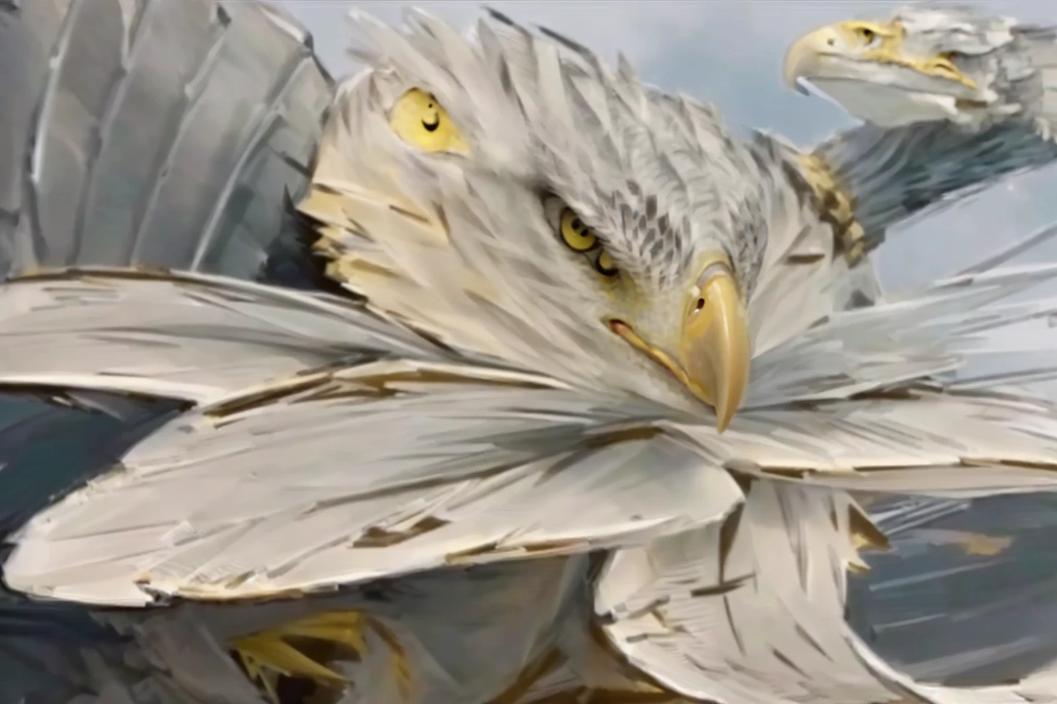 a close-up of a bald eagle with yellow eyes on a black background, intimidating look, annoyed look, annoyed looking, visibly angry, carrancuda, eagle head, intense stare, aggressive look, A rage, looking angry, angry eyes, intimidating look, annoyed looking at camera, with eagle's beak, head of an eagle, intimidating expression