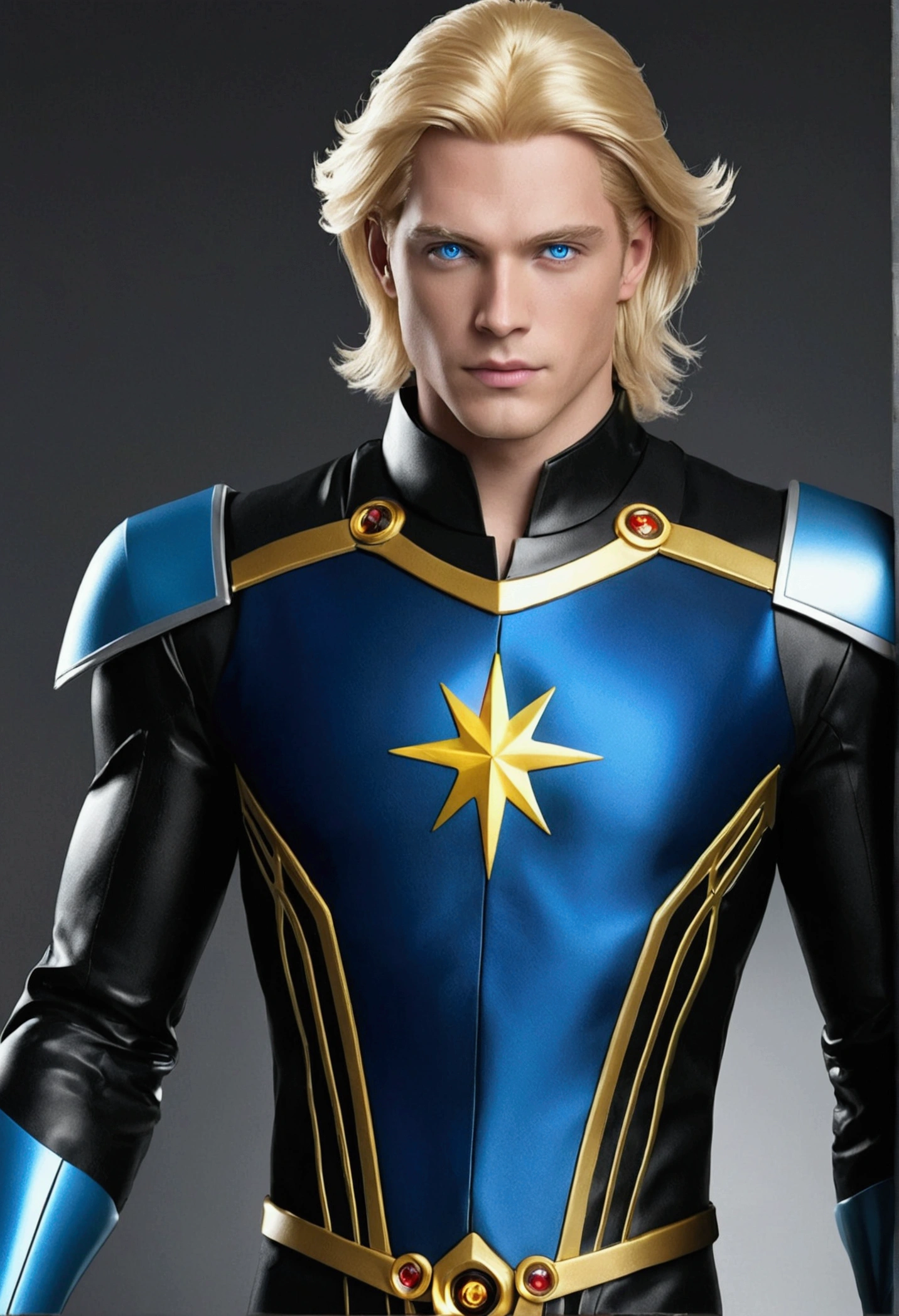 (masculine) (man) (blond hair) (blond hair muy largo que llega hasta los talones) (hair down to heels) (android parts) (blue eyes) (blue eyes brillantes) (man androide) Her hair is long and blonde, has blue eyes, He wears a black tunic with some red and yellow details.) (black tunic and some gold details) (surrounded by stars) (robotic details) (a single model) (solo un man)(masculine) (man) (blond hair) (blond hair muy largo que llega hasta los talones) (hair down to heels) (android parts) (blue eyes) (blue eyes brillantes) (man androide) Her hair is long and blonde, has blue eyes, He wears a black tunic with some red and yellow details.) (black tunic and some gold details) (surrounded by stars) (robotic details) (a single model) (solo un man)