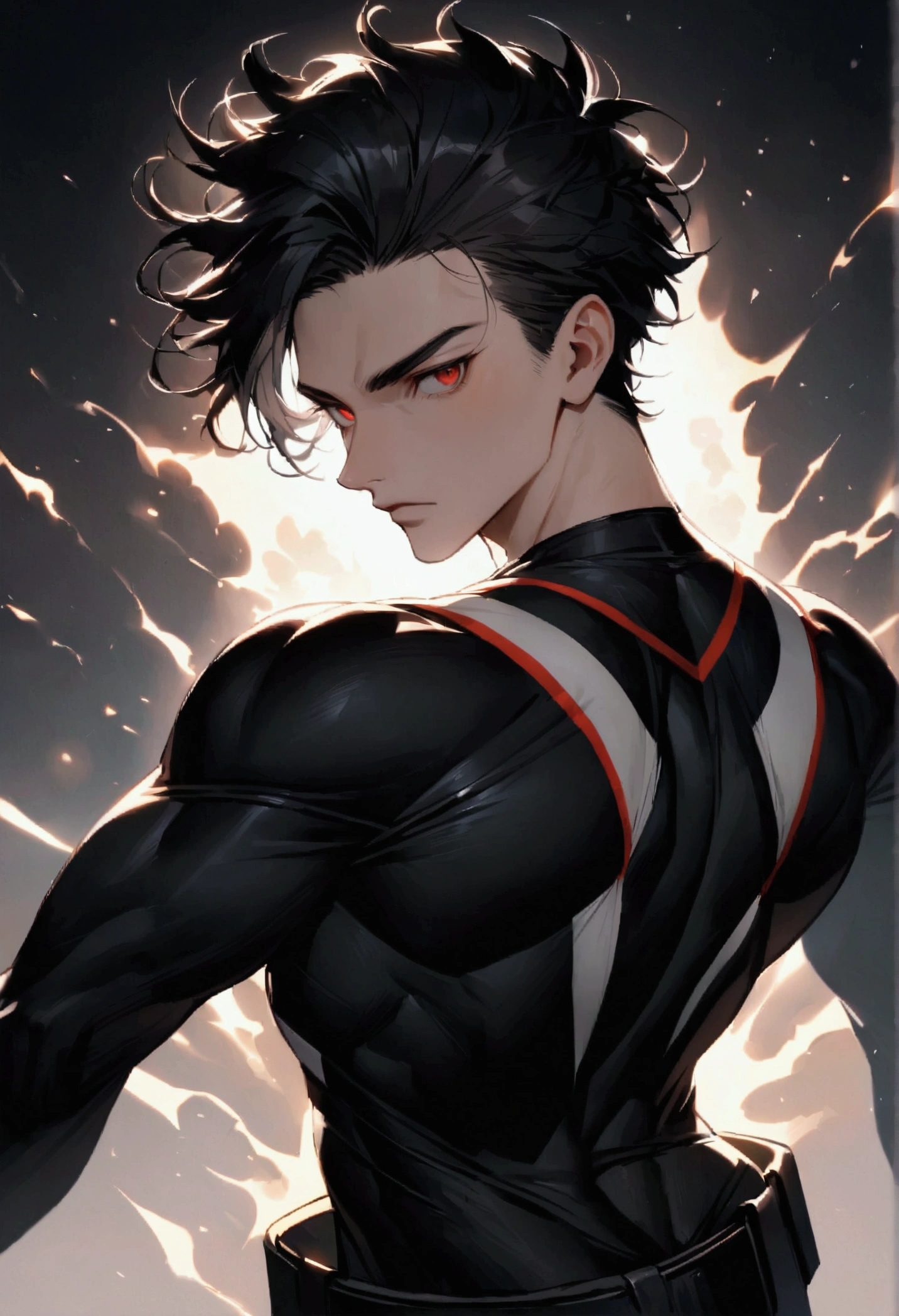 masculine man, tall, muscular, long-sleeved sports shirt made of black lycra, short black hair combed back and red eyes, black belt and black gloves, slim, 24 years old