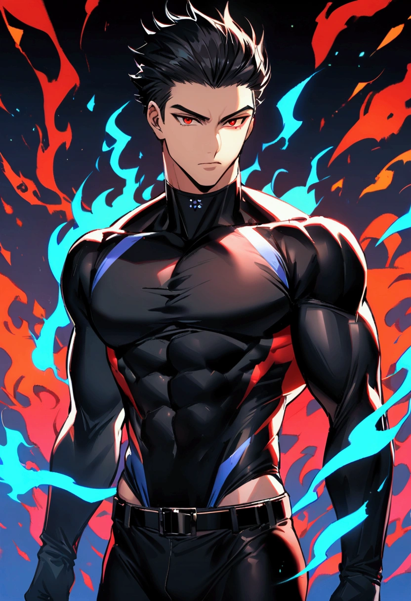 masculine man, tall, muscular, long-sleeved sports shirt made of black lycra, short black hair combed back and red eyes, black belt and black gloves, slim, 24 years old