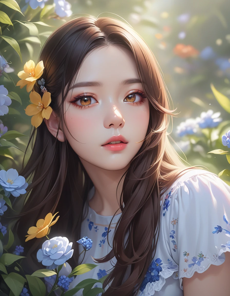 Close-up of a woman with long hair and flowers, kawaii Realistic portrait, Beautiful anime portraits, artwork in the style of Gwaiz, Realistic cute girl painting, Realistic. Chen Yi, High-quality portraits, Inspired by Yanjun Chen, cute portrait, Gwaiz, Stunning Anime Face Portraits, Korean Girls, Beautiful digital art, Beautiful digital painting, Beautiful digital illustrations