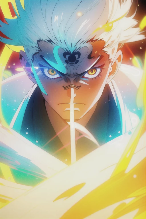 young white-haired Japanese man, yellow eyes with red eyeliner, ripped japanese kimono, em pose de monge, backlight light particles