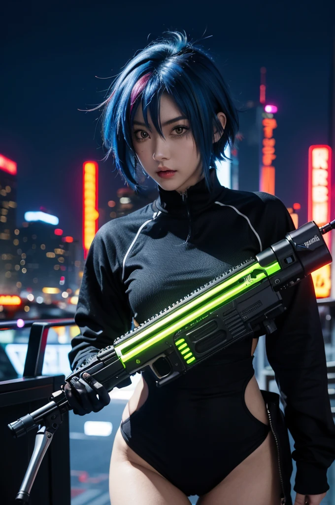 masterpiece, cyberpunk, crowd, city, night, neon light, toned, sci-fi, extremely detailed 8k wallpaper, 1girl, holding gun, battle, multicolored hair, blue hair, short hair, yellow eyes, two-tone hair, streaked hair, xenovia quarta dxd