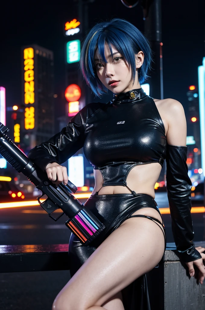 masterpiece, cyberpunk, crowd, city, night, neon light, toned, sci-fi, extremely detailed 8k wallpaper, 1girl, holding gun, battle, multicolored hair, blue hair, short hair, yellow eyes, two-tone hair, streaked hair, xenovia quarta dxd