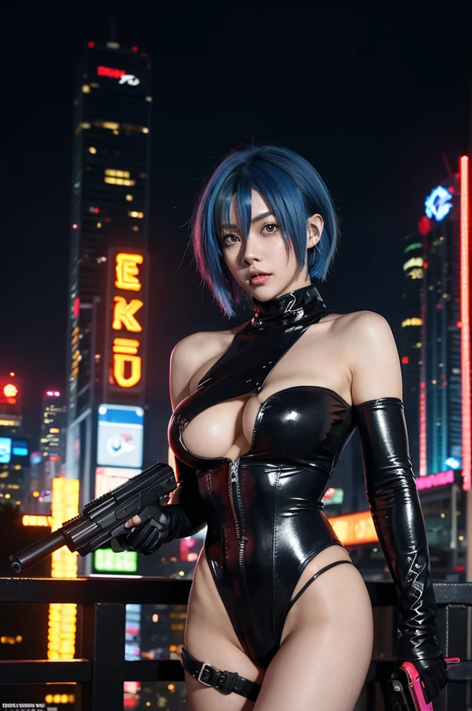 masterpiece, cyberpunk, crowd, city, night, neon light, toned, sci-fi, extremely detailed 8k wallpaper, 1girl, holding gun, battle, multicolored hair, blue hair, short hair, yellow eyes, two-tone hair, streaked hair, xenovia quarta dxd