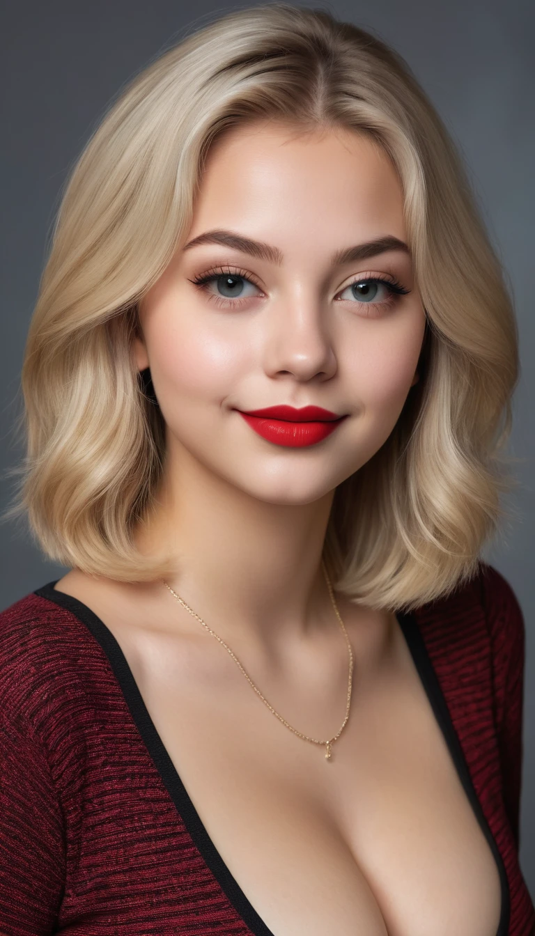ultrarealistic high quality mugshot photo of a beautiful busty european 18-year-old teen girl with cute hyperdetailed shy happy face and shoulder length platin-blonde classic bob and long legs, realistic round eyes, red lipgloss, decent makeup with eyeliner, wearing prussian blue button-up satin blouse with lace bra underneath, cleavage, hourglass body, indoor office photography