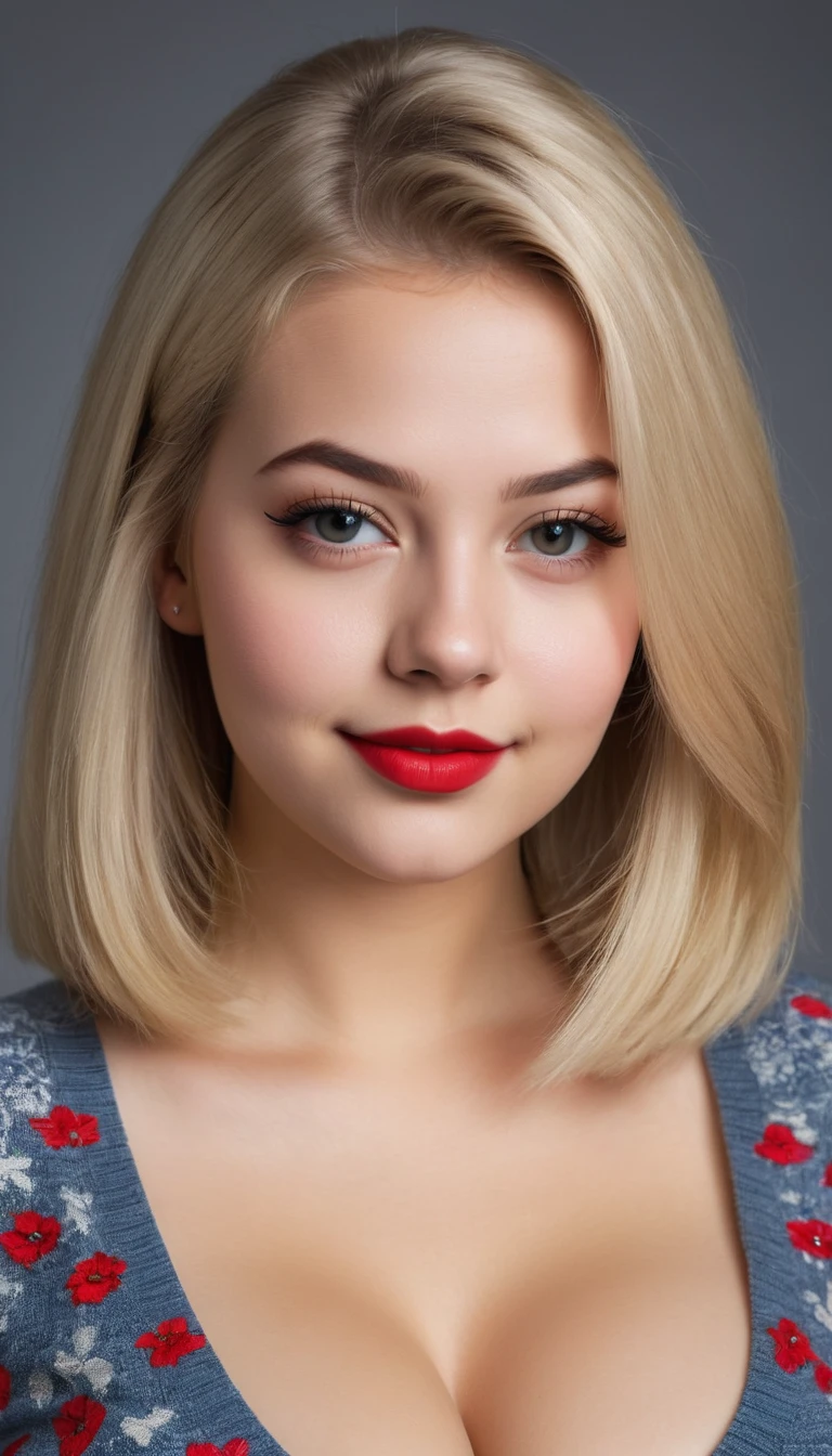 ultrarealistic high quality mugshot photo of a beautiful busty european 18-year-old teen girl with cute hyperdetailed shy happy face and shoulder length platin-blonde classic bob and long legs, realistic round eyes, red lipgloss, decent makeup with eyeliner, wearing casual day-off outfit, cleavage, hourglass body, indoor office photography
