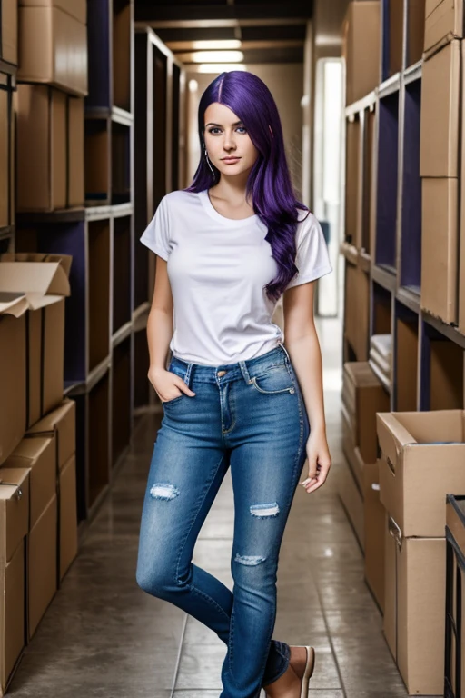 The young woman with dark purple hair and a nose piercing and blue eyes, wearing a white t-shirt and jeans, saw something around a corner of a hallway which is piled with boxes full of iron materials.