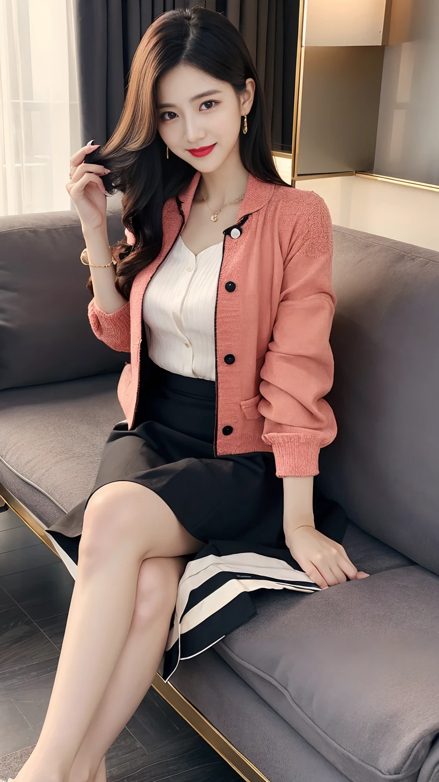 career woman、Heavy makeup、Bright red lips,masterpiece,best quality,ultra detailed,highres,high-resolution,4K,realistic,RAW photo,((real person)),portrait photography,photorealistic,detailed skin,(delicate black eyes ), A soothing woman with sagging eyes,calm and calm, middle hair,skinny,clothing,The wind is blowing,tareme、Highest quality、Realistic characters、A reception room on the top floor of a high-rise building、secretary、Office lady suit、mini skirt、ＣＨＡＮＥＬWind、Byheel、Beautiful legs、Sitting on the sofa、Panty shot、elegant、Perfect Makeup、Beautiful décolleté、Anatomically correct、eight-headed body、Beautiful posture、Japanese、nice smile、Bright red lips、The perfect dress shirt、Jacket