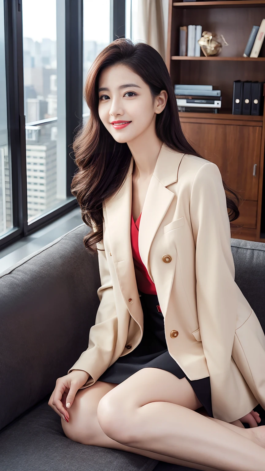 career woman、Heavy makeup、Bright red lips,masterpiece,best quality,ultra detailed,highres,high-resolution,4K,realistic,RAW photo,((real person)),portrait photography,photorealistic,detailed skin,(delicate black eyes ), A soothing woman with sagging eyes,calm and calm, middle hair,skinny,clothing,The wind is blowing,tareme、Highest quality、Realistic characters、A reception room on the top floor of a high-rise building、secretary、Office lady suit、mini skirt、CHANELWind、Byheel、Beautiful legs、Sitting on the sofa、Panty shot、elegant、Perfect Makeup、Beautiful décolleté、Anatomically correct、eight-headed body、Beautiful posture、Japanese、nice smile、Bright red lips、The perfect dress shirt、Jacket