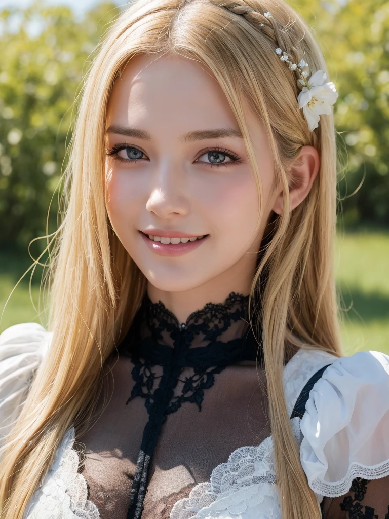 1Women, unique faces, (beautiful women, blonde hair), (smile:1.2), (beautiful lace costumes), (Best Quality:1.4), Realistic, extremely detailed CG unified 8k wallpaper, highly detailed, High-definition raw color photos, professional photography, Realistic portrait, Close up portrait of Women, Outdoors, Beautiful scenery, grassland, nature, vastness, elegance, Beautiful detailed, upper body photos, (Fine face:1.2),