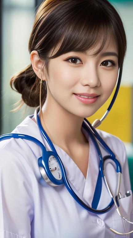 (Ulzzang-6500-v1.1, masterpiece, highest quality:1.3, ultra-detailed 8k:1.2, hyperrealistic:1.35, raw photo:1.2, highest quality, high resolution, wallpaper, realistic, dramatic, realistic painting art by midjourney:1.3, 1 nurse, 28yo, pink nurse uniform, basic nurse cap, pencil skirt:1.3, super beautiful, beautiful skin, beautiful and detailed eyes, detailed face, symmatrical face, perfect style, treatment room in a hospital room, cowboy_shot, ample bosom, very detailed face, double eyelid, snaggle-tooth, brown eyes, short ponytail hair, chest strengthening, emphasize body line, kind smile, beautiful lips, glossy lips, white teeth, bokeh background of the hospital at night, perfect lighting, natural soft light, stethoscope) #Borderland