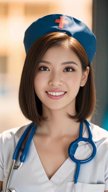 (Ulzzang-6500-v1.1, masterpiece, highest quality:1.3, ultra-detailed 8k:1.2, hyperrealistic:1.35, raw photo:1.2, highest quality, high resolution, wallpaper, realistic, dramatic, realistic painting art by midjourney:1.3, 1 nurse, 28yo, pink nurse uniform, basic nurse cap, pencil skirt:1.3, super beautiful, beautiful skin, beautiful and detailed eyes, detailed face, symmatrical face, perfect style, treatment room in a hospital room, cowboy_shot, ample bosom, very detailed face, double eyelid, snaggle-tooth, brown eyes, short ponytail hair, chest strengthening, emphasize body line, kind smile, beautiful lips, glossy lips, white teeth, bokeh background of the hospital at night, perfect lighting, natural soft light, stethoscope) #Borderland